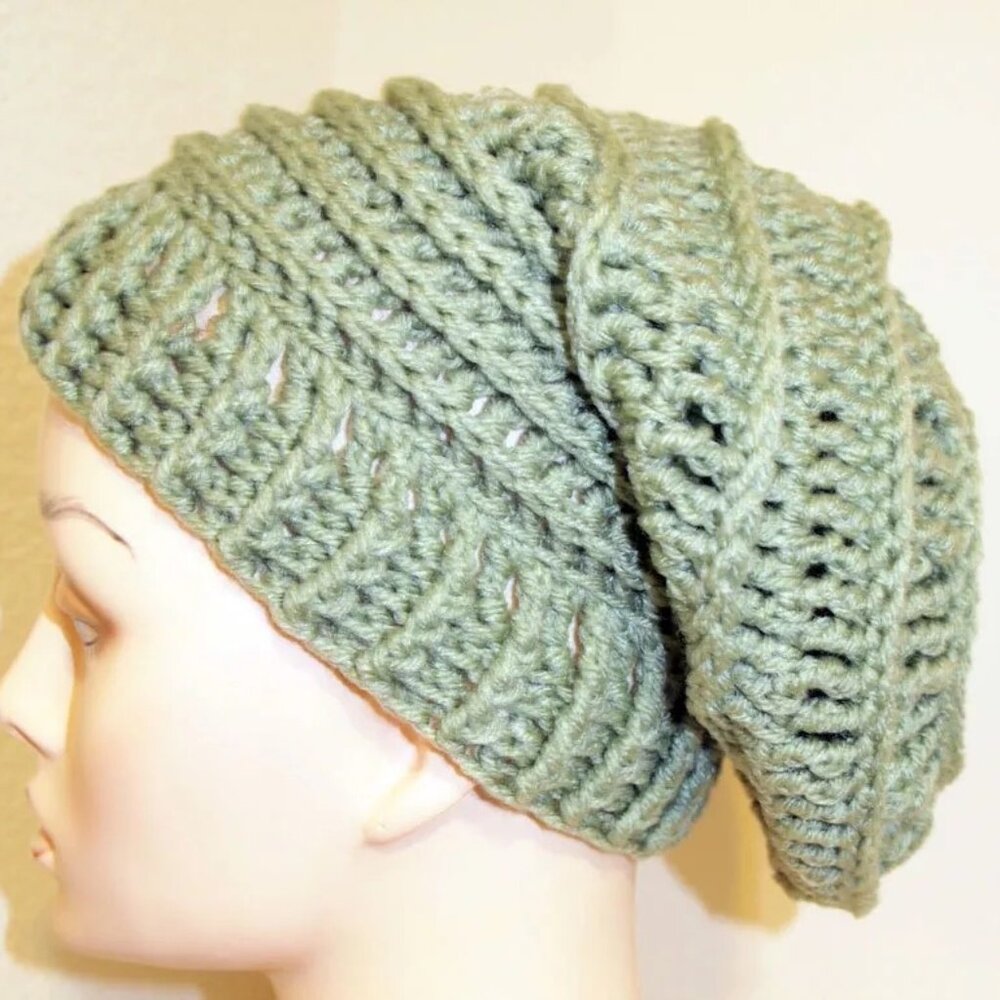 Green Crochet Beanie Slouchy Textured Hat O/S Cali Love Mint Handmade